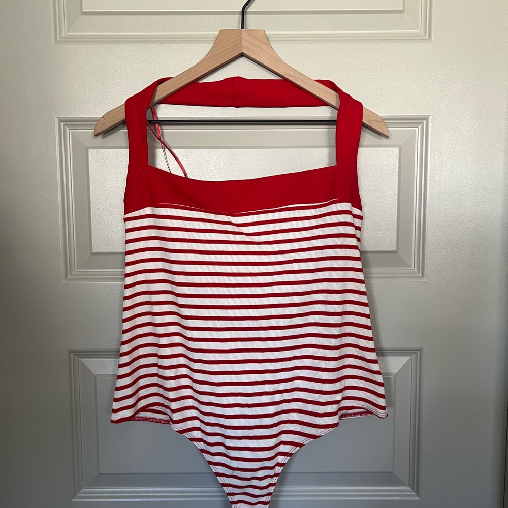 Express Red and White Striped Halter Bodysuit